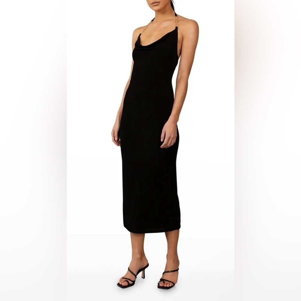 NWOT Misha Deana Gold Chain Cowl Neck Midi Jersey Halter Dress Black sz 12